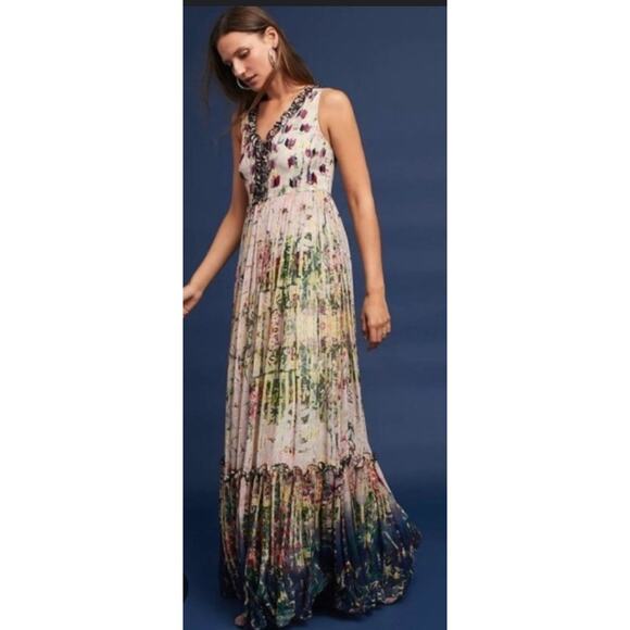 Anthropologie Bhanuni by Jyoti maxi floral dress Size 2 boho ruffle detail - Picture 1 of 4